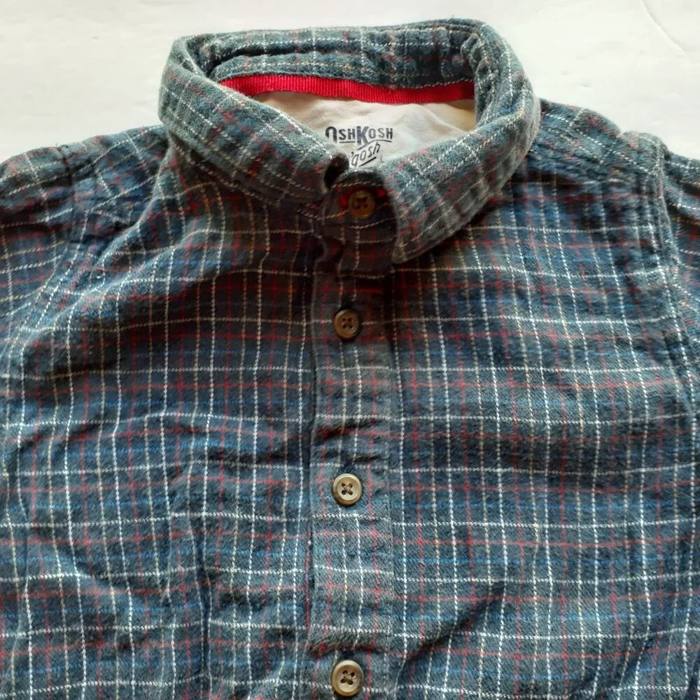 Oshkosh Boys Shirt Button Down Bodysuit Navy Plaid Long Sleeve 18 Months